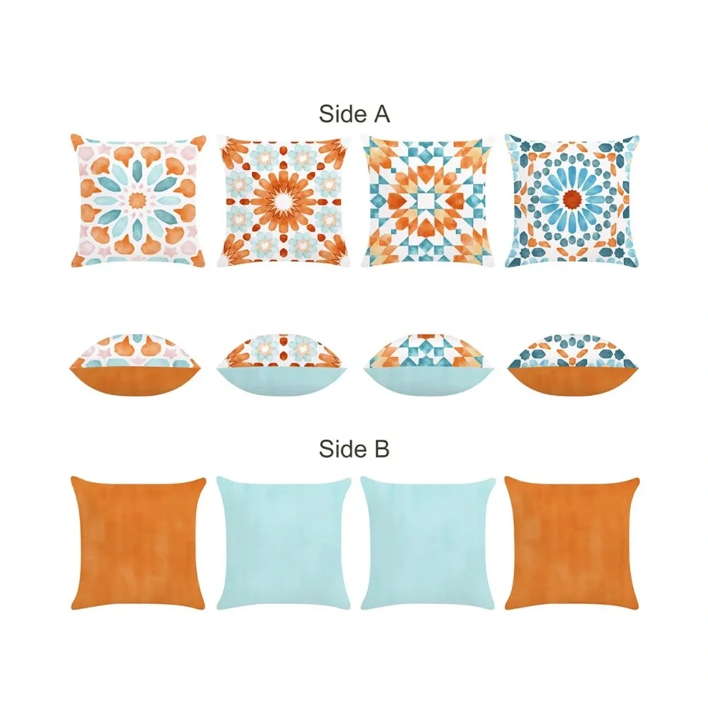 NEW•MANDALA BOHO CHIC BLUE AND ORANGE PILLOWCASES-PK of 4
